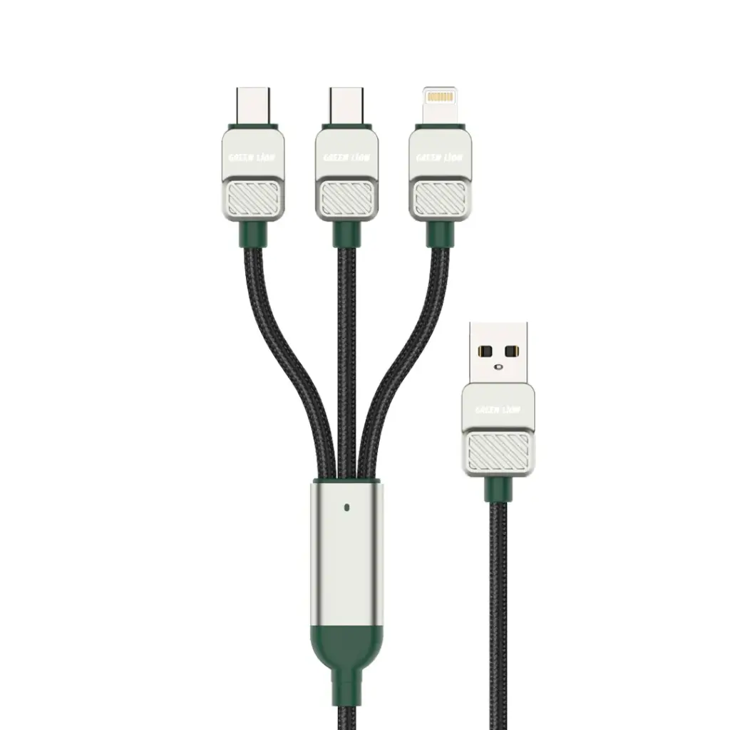 Lion 3-in-1 Braided Electroplated Cable USB A to C + C + L 1.2m - Black+Green